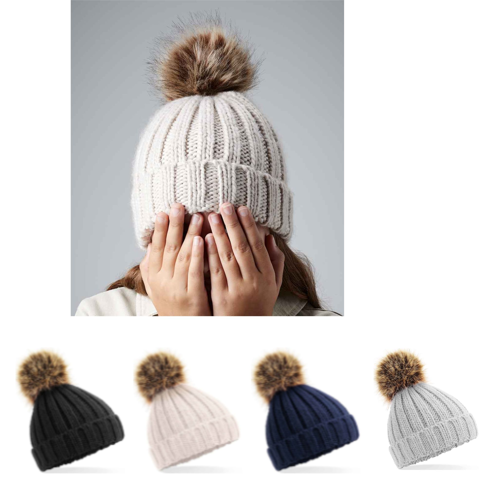 Beechfield BB412B Junior Fur Pom Pom Beanie - Click Image to Close